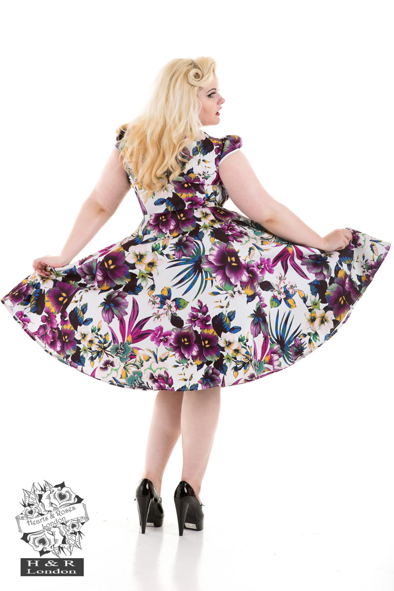 White Purple Pansies Floral Swing Dress